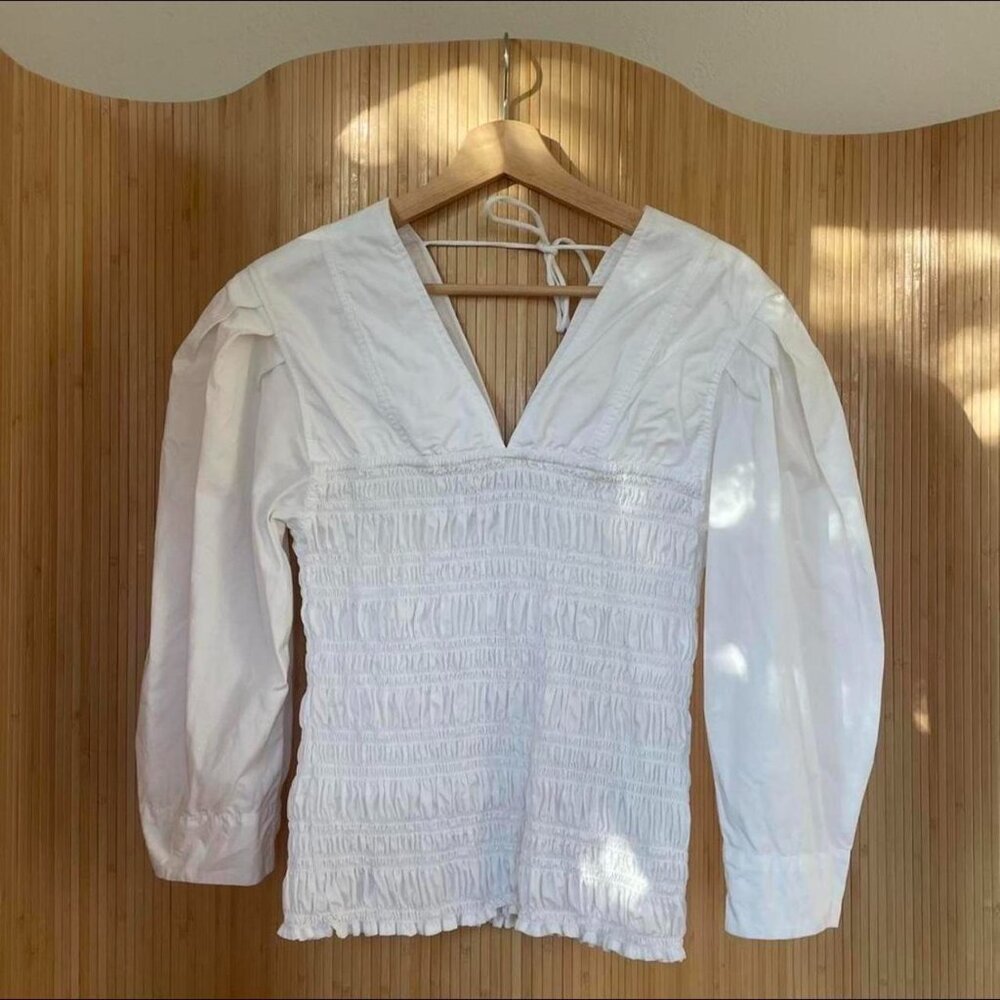 GANNI Shirred Cotton Poplin Blouse – White (EU 36 / US S)